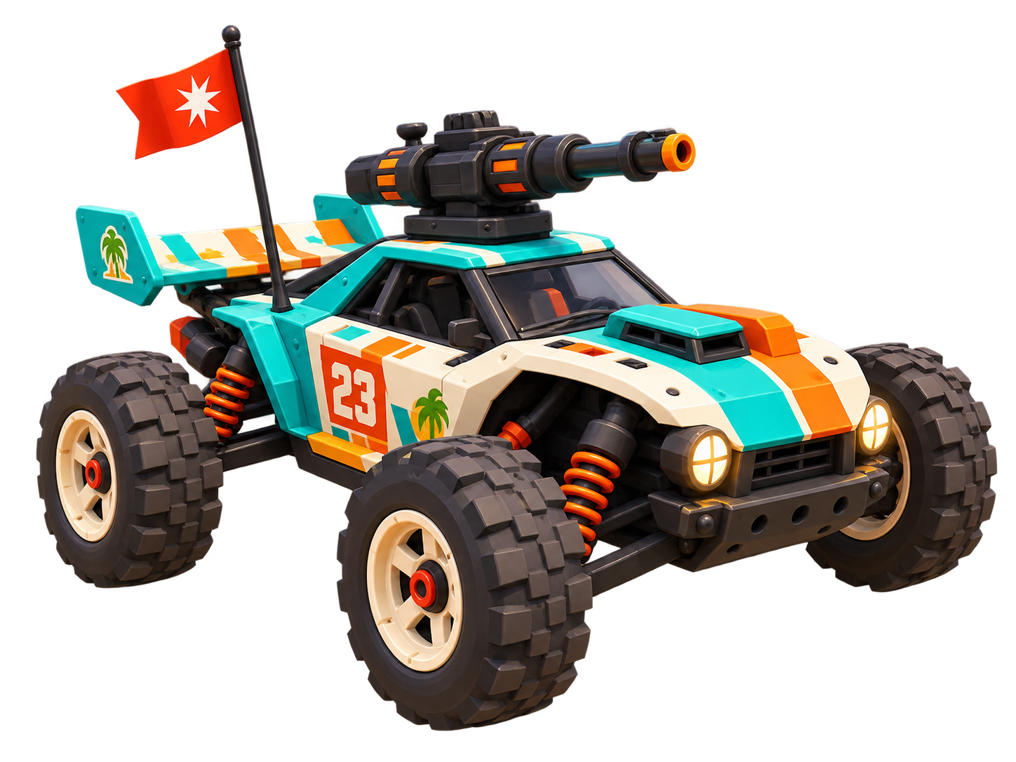 The same RC buggy built from simple low-poly shapes